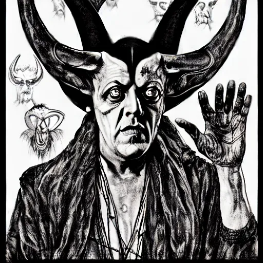 Image similar to graphic illustration, creative design, aleister crowley as baphomet, biopunk, francis bacon, highly detailed, hunter s thompson, mixed media