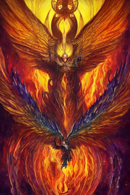 Prompt: ultra realist breathtaking detailed soft painting of fantasy bahamut, long fire wings and a halo of light around its head, christian saint in the middle of a stained glass of flames, intricate art nouveau frame, by Anato Finnstark, wlop, trending on artstation