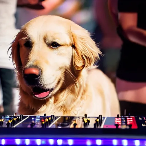 Prompt: a photograph of a DJ golden retriever dog, playing at a nightclub