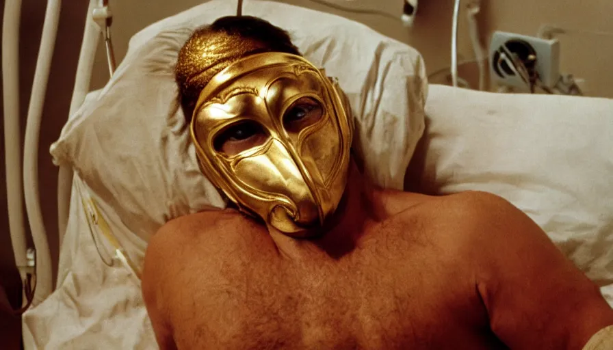 Prompt: 70s movie still of a man wearing gold spiral mask in hospital, eastmancolor, heavy grain, high quality, higly detailed, liminal space