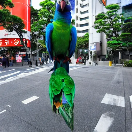 Image similar to a human sized parrot standing on a street in ota city, tokyo