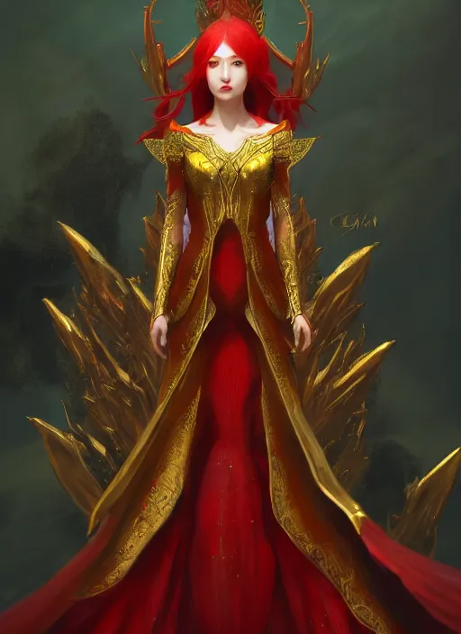 Image similar to Half-body portrait of a red-haired beautiful elven queen in red, gold and green dress sitting on a throne. In style of Hyung-tae Kim and Greg Rutkowski, concept art, trending on ArtStation, Korean MMORPG, over-detailed art, 4K, epic, dynamic lightning, dramatic pose.