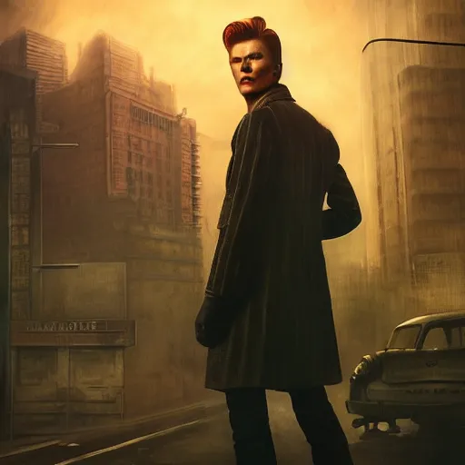 Prompt: fallout 5, charismatic david bowie, portrait, outdoors ruined cityscape, atmospheric lighting, painted, intricate, volumetric lighting, beautiful, daytime, sunny weather, slight overcast, sharp focus, deep colours, ultra detailed, by leesha hannigan, ross tran, thierry doizon, kai carpenter, ignacio fernandez rios