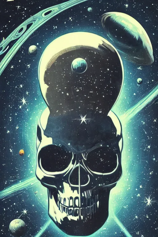 Image similar to vintage sci-fi book cover, depicting a gigantic chrome skull in space, stars and planets visible, highlights, nebula, color bleed, film grain