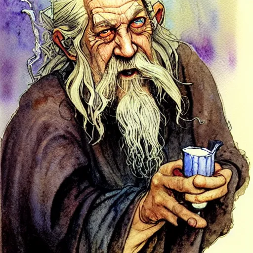 Prompt: a realistic and atmospheric watercolour fantasy character concept art portrait of gandalf with bloodshot eyes laughing and smoking a pipe looking at the camera by rebecca guay, michael kaluta, charles vess and jean moebius giraud