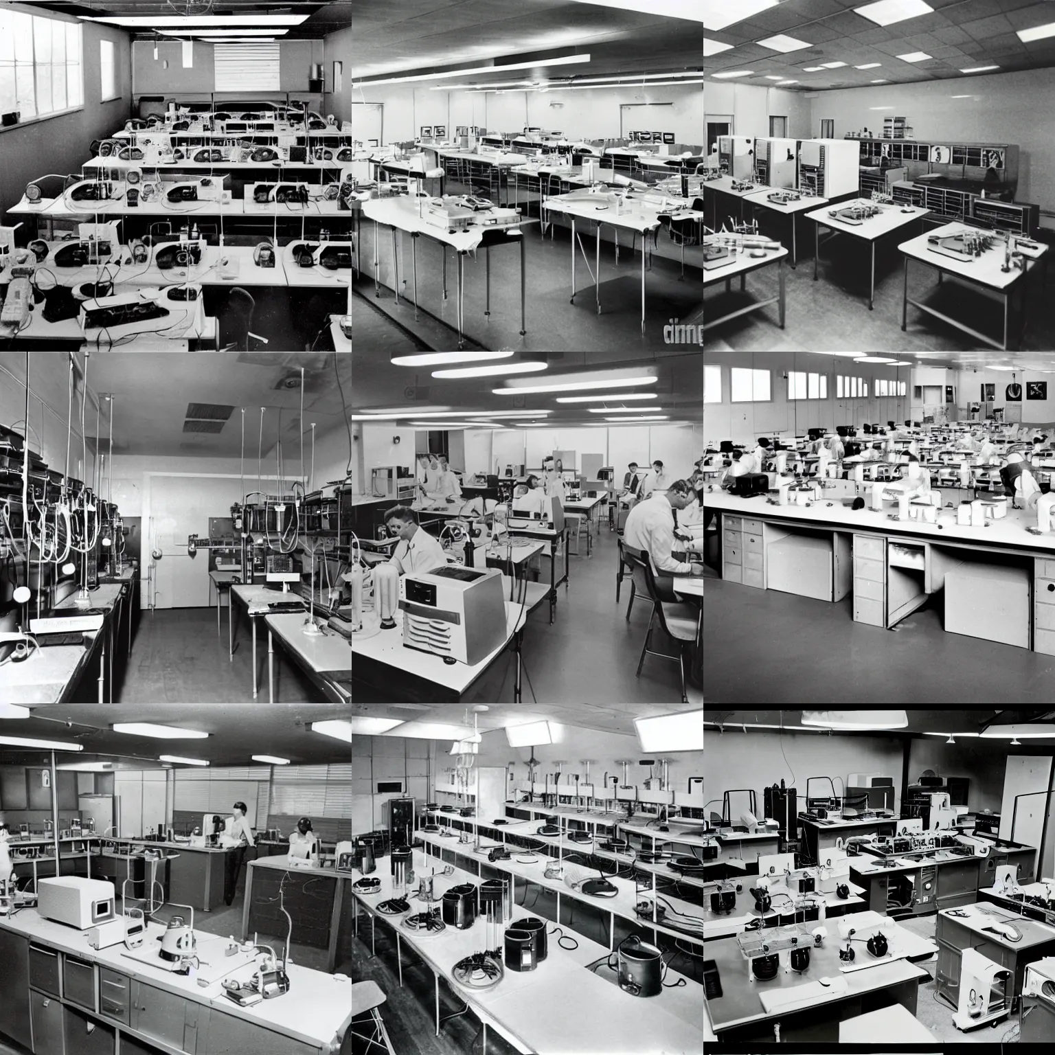 Prompt: 1960s photograph of a lab containing dozens of electromagnetic devices