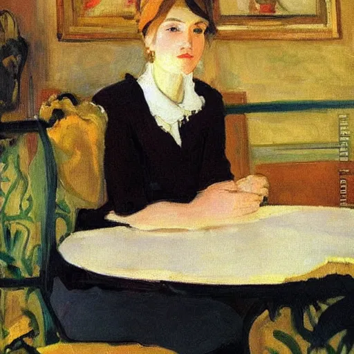 Image similar to a young beautiful lady is sitting at the table, in style of Valentin Serov,