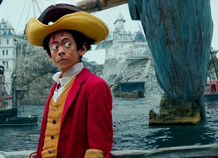 Prompt: a film still of cosplay of luffy the pirate in the grand budapest hotel ( 2 0 1 4 ), 4 k