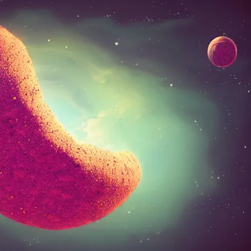 Image similar to an outer space planet that looks like a pink sprinkled donut, realistic fantasy illustration