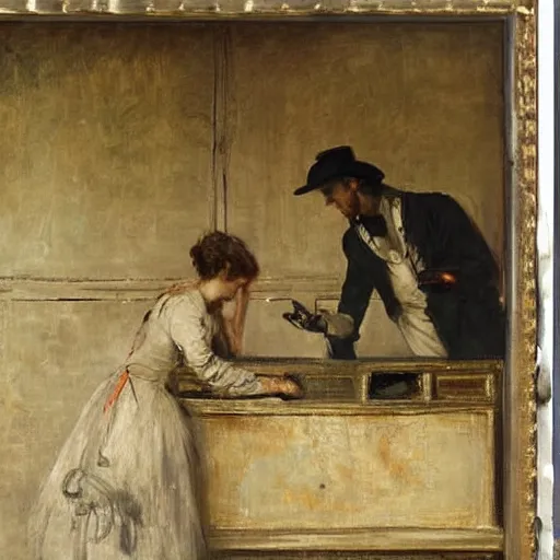 Image similar to a young man and a young woman solving an escape room puzzle, mysterious markings on the wall, by alfred stevens