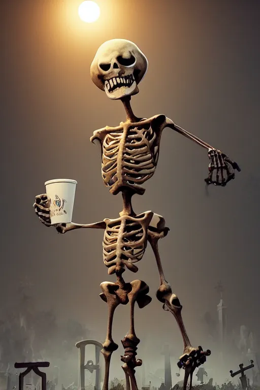 Prompt: a skeleton character holding a cup of coffee on the cemetery at night, designed by peter andrew jones and pixar, photorealistic, 3 d render, award winning render, unreal engine, octane render, studio lighting, 8 k, hd, dustin nguyen, akihiko yoshida, greg tocchini, greg rutkowski, cliff chiang