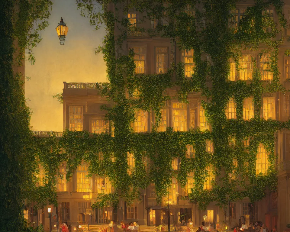 Prompt: an achingly beautiful print of a vibrant English four seasons hotel, lit by glowing lanterns and covered in ivy, on the winding streets of London by Raphael, Hopper, and Rene Magritte. detailed, romantic, trending on artstation.