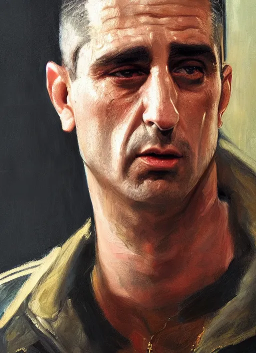 Image similar to realistic portrait of travis bickle ( robert deniro ), trending on artstation, low angle oil painting and composition laws, cinematic lighting, hyperdetailed, cgsociety, 8 k, martin scorsese cinematography, taxi driver