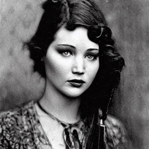 Prompt: headshot edwardian photograph of jennifer lawrence, angelina jolie, 1 9 2 0 s film actress, realistic face, 1 9 1 0 s, grainy, victorian, soft blur