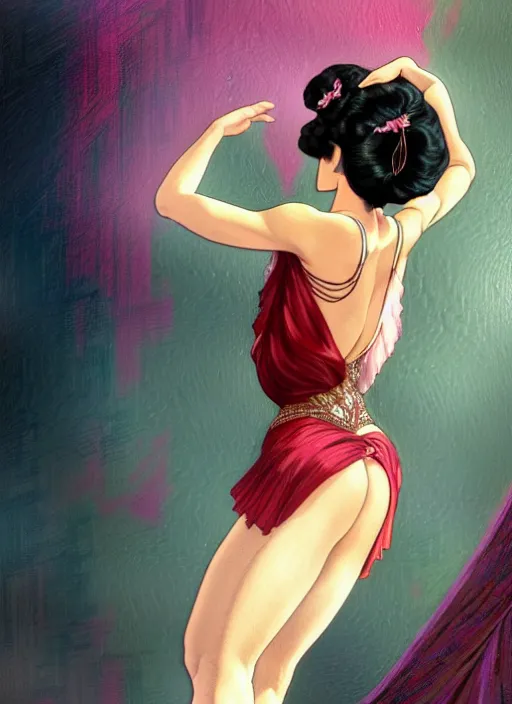 Image similar to a beautiful dancer with black hair in 1920's fashion, ballroom background, intricate, highly detailed, digital painting, artstation, official media, anime key visual, concept art, rich vivid colors, ambient lighting, sharp focus, illustration, art by Artgerm, Makoto Shinkai, Ilya Kuvshinov, Lois Van Baarle, and Rossdraws