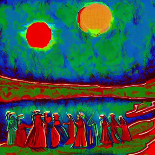 Image similar to the women gathered by the river to dance as the sun set , high quality digital art in the style of Bauhaus,