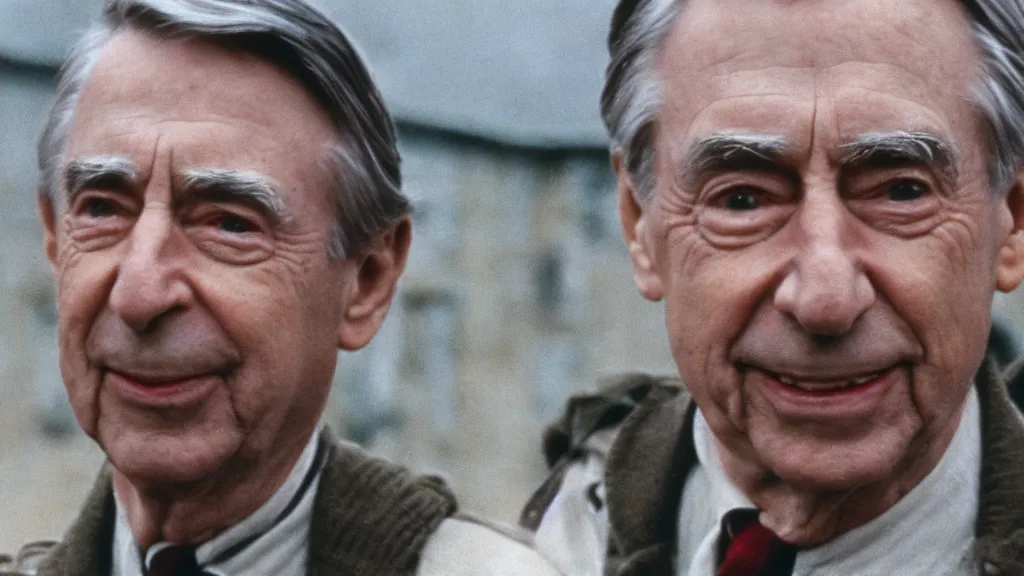 Image similar to still image of mr rogers on saving private ryan, cinematic, anamorphic, dramatic, 4 0 mm f / 2. 8