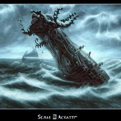 Image similar to realistic sea monster destroying a steampunk ship during a storm