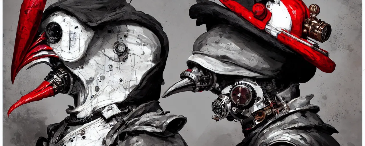 Prompt: duotone red black white concept illustration of 3 / 4 portrait of rooster as detailed steampunk automaton cyborg with plague doctor beak mask. cinematic volumetric lighting. golden ratio accidental renaissance. by sachin teng and sergey kolesov and ruan jia and heng z. graffiti art, scifi, fantasy, hyper detailed. octane render. concept art. trending on artstation