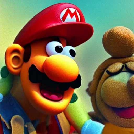 Prompt: A still of Mario as a muppet, photo real, photographic, photograph, artstation, trending