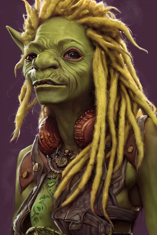 Prompt: rastifarian goblin with dreadlocks, highly detailed, portrait, character art by Fiona Staples,