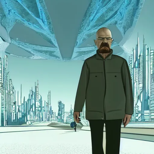 Prompt: walter white walking around in a futuristic city, made of fractals