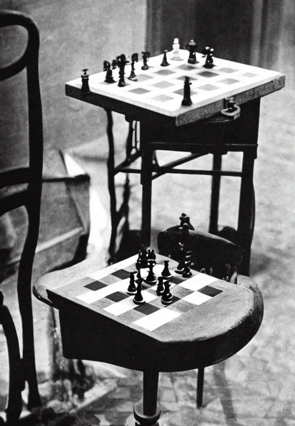 Prompt: a chess machine sitting on a table, a surrealist sculpture by marcel duchamp, archival pigment print, 1 9 1 4, conceptual art, artwork, academic art, surrealist