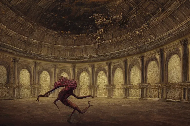 Prompt: a highly detailed beautiful painting of a domed abandoned ballroom, rot decay and vines, in center an elegant male dancer on flamingo legs, by salvador dali and zdzisław beksinski, artstation, dramatic lighting