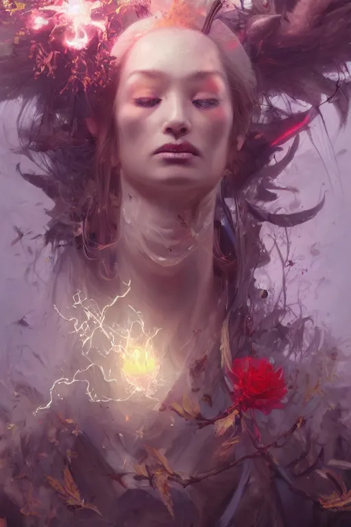 Image similar to face closeup of beautiful girl necromancer, witch - doctor exploding into flowers, angels, 3 d render, hyper - realistic detailed portrait, holding fire and electricity, leaves and magic, ruan jia, wlop. scifi, fantasy, magic the gathering, hyper detailed, octane render, concept art, peter mohrbacher