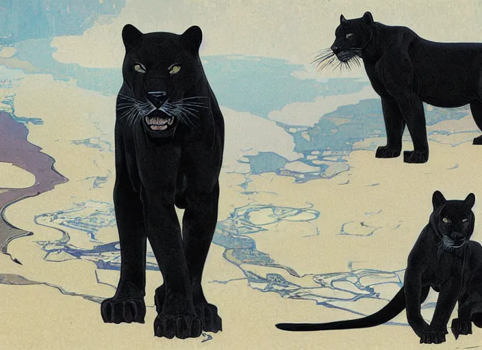 Image similar to animal concept of a black panther melanistic deep black leopard walking on Pamukkale, thermal waters flowing down gold travertine terraces, royal white and blue accents, accurately portrayed, portrait art by alphonse mucha and WLOP, highly detailed, digital painting, concept art, illustration, dim lighting with twilight rays of sunlight, trending on artstation, very detailed, smooth, sharp focus, octane render, close up