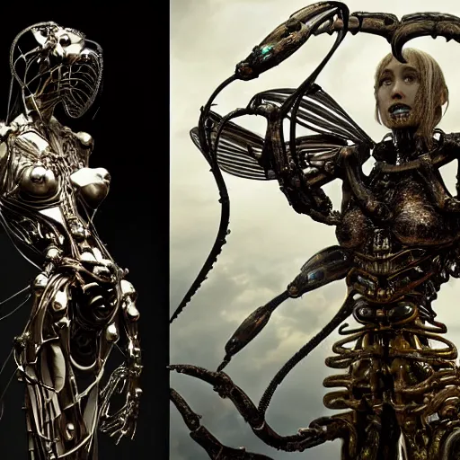 Prompt: still frame from Prometheus movie by Makoto Aida, biomechanical orchids mantis angel archangel gynoid by giger, metal couture by neri oxmn and Guo pei, editorial by Malczewski and by Caravaggio