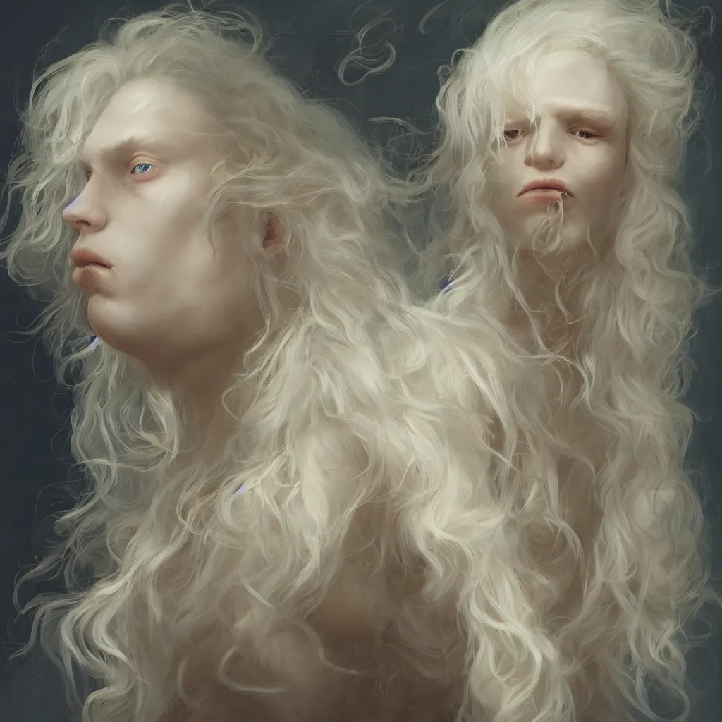 Prompt: portrait of a beautiful androgynous blond man, albino pale white skin and long fluffy curly blond hair, Center parted curtain bangs, close up view, head and upper body, looking upward, fullface, light from above, by Peter Mohrbacher, trending on artstation, 8k