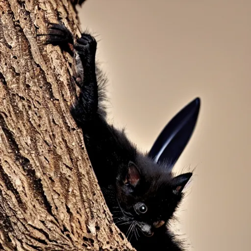 Prompt: a bat kitten, in a tree, wings out, Nikon, telephhoto 200mm