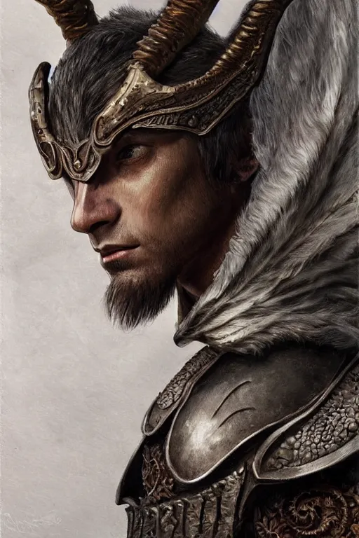 Prompt: close up painting of a young man satyr with horns in refined leather brigandine armour, druid character design from the elder scrolls v : skyrim, decorated, intricate, elegant, highly detailed, digital painting, artstation, concept art, smooth, sharp focus, illustration, art by artgerm and greg rutkowski and alphonse mucha, 8 k