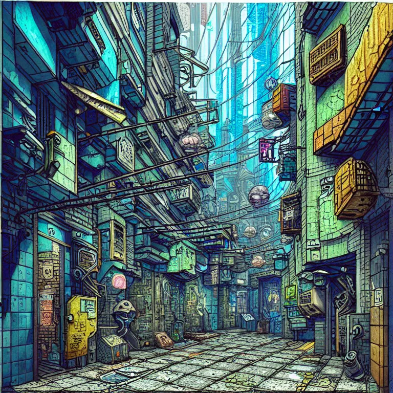 Image similar to an absurdly-detailed cyberpunk alleyway colored-pen drawing as a fancy square tile. Sea-life in a submerged-city.