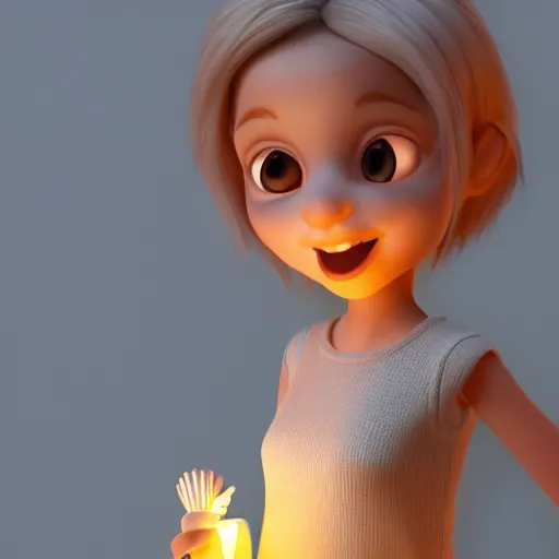 Image similar to A cute girl holding a glowing candle, fragile, soft, vray, octane render, trending on artstation, 3d character, game character