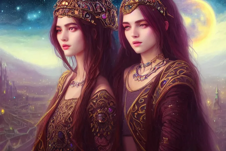 Image similar to masterpiece portrait charming and miracle female luxury astromancer boho accessories in dreamlike movie, high detailed face, art by artgerm, greg rutkowski, sasoura, satchely, big major starry sky and city in background, uhd, medium long shot, fantasy, no distorsion, sharp focus,