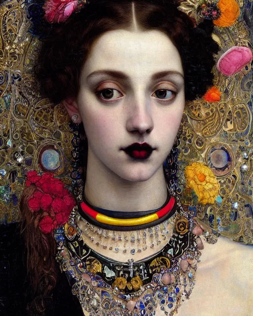 Prompt: a close up of beautiful girl with black lipstick wearing a intricate necklace surrounded by colourful intricate patterns, by edgar maxence and caravaggio and michael whelan, intricate painting, hyper realistic, extremely detailed and beautiful aesthetic face, 8 k resolution