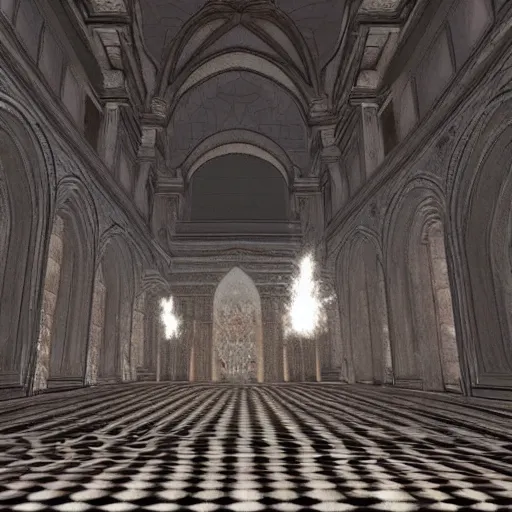 Image similar to the grand halls of anor londo, marble floors, art by kotaro chiba, volumetric lighting, epic composition