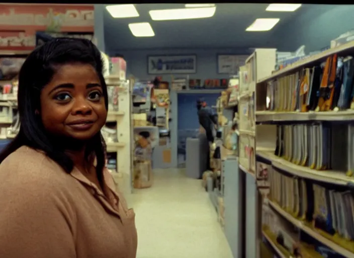 Prompt: cinematic shot of octavia spencer in an small used electronics store, iconic scene from the paranoid thriller sci fi film directed by stanley kubrick, anamorphic cinematography, beautiful composition, color theory, leading lines, photorealistic, volumetric lighting, f / 2 2