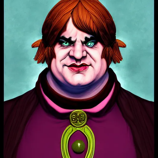 Image similar to a fantasy comic - style full portrait of a jester who looks like chris farley, digital illustration by ken taylor and sana takeda and jenny frison, character design, concept art, fine inking lines, vivid colors, dnd, highly detailed!, hd, 4 k, trending on artstation