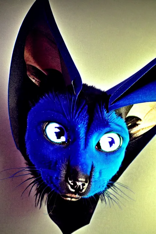 Prompt: a blue - and - black male catbat fursona with blue / green heterochromatic eyes ( differently - colored eyes, one green, one blue ) and huge bat ears, photo of the catbat streaming on his computer