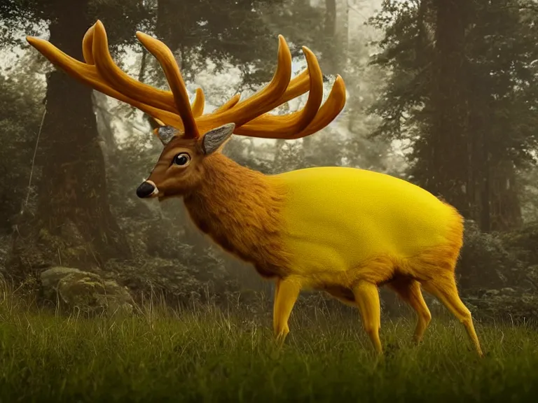 Image similar to A bubalope is a mutant deer with large yellow translucent leather sacks growing on its back. Concept art, octane render, extremely high detail, detail, hyperrealism, cinematic, 8k, depth of field