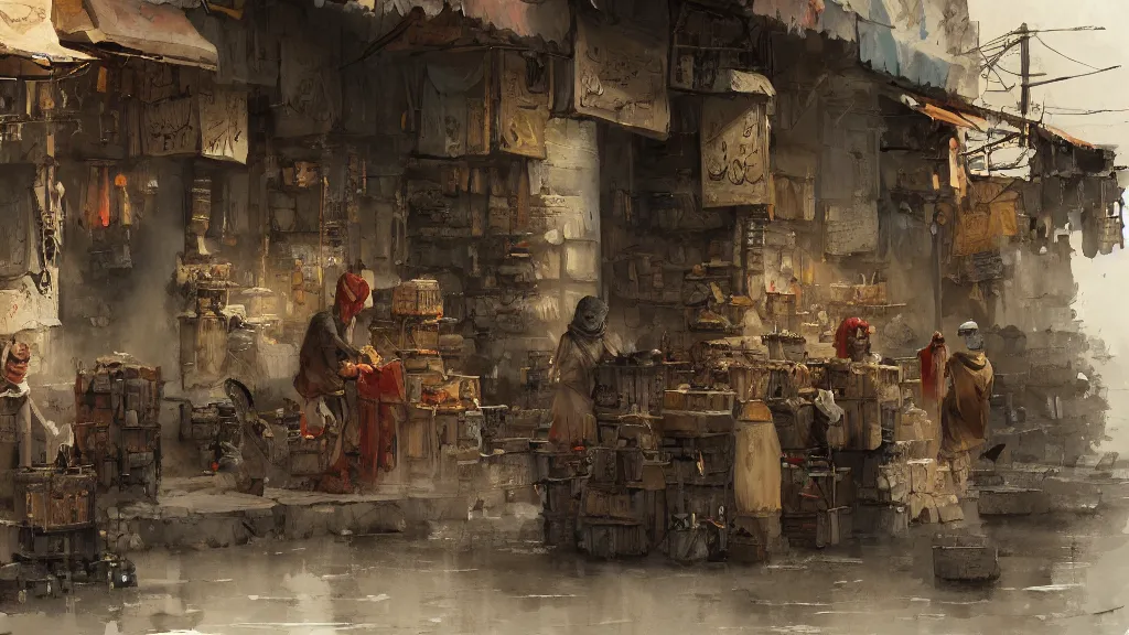 Prompt: close up of arabic merchants doing business, papyrus, watercolored, jakub rozalski, dark colours, dieselpunk, artstation