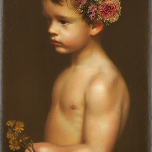 Prompt: A beautiful boy with a flower in his hair, portrait