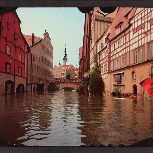 Image similar to Wrocław during 1997 red wine flood, award winning Polaroid color photo