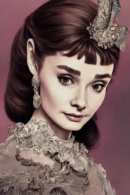 Prompt: Audrey Hepburn, cute, fantasy, intricate, elegant, highly detailed, digital painting, 4k, HDR, concept art, smooth, sharp focus, illustration, art by artgerm and H R Giger and alphonse mucha