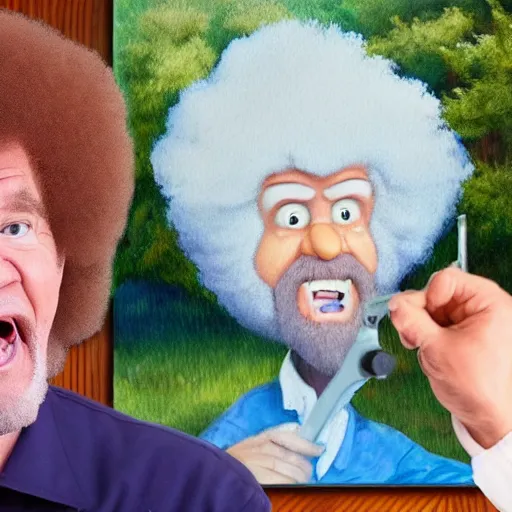 Prompt: angry bob ross shouting at a painting, real photo, dslr photo, 4 k, intricate.