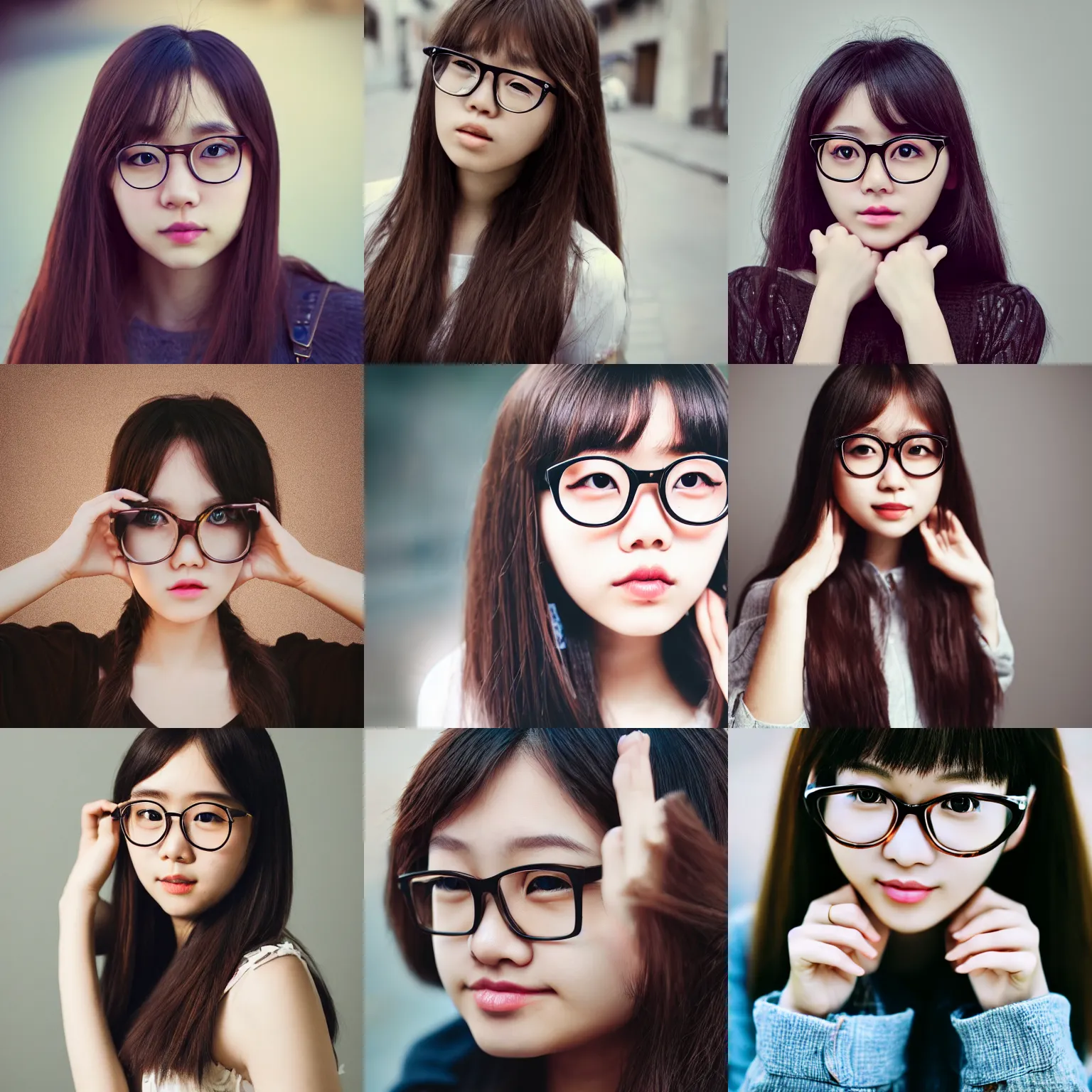 Prompt: portrait, award - winning, beautiful, cute, adorable, dark brown colored long hair, wearing round glasses and trendy clothing, korean girl, bokeh, intricate, highly detailed face and hand, 8 k