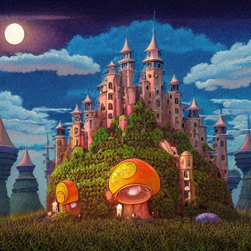 Prompt: highly detailed illustration of a mushroom castle at night, studio ghibli, ultra realistic, 4 k resolution, artstation